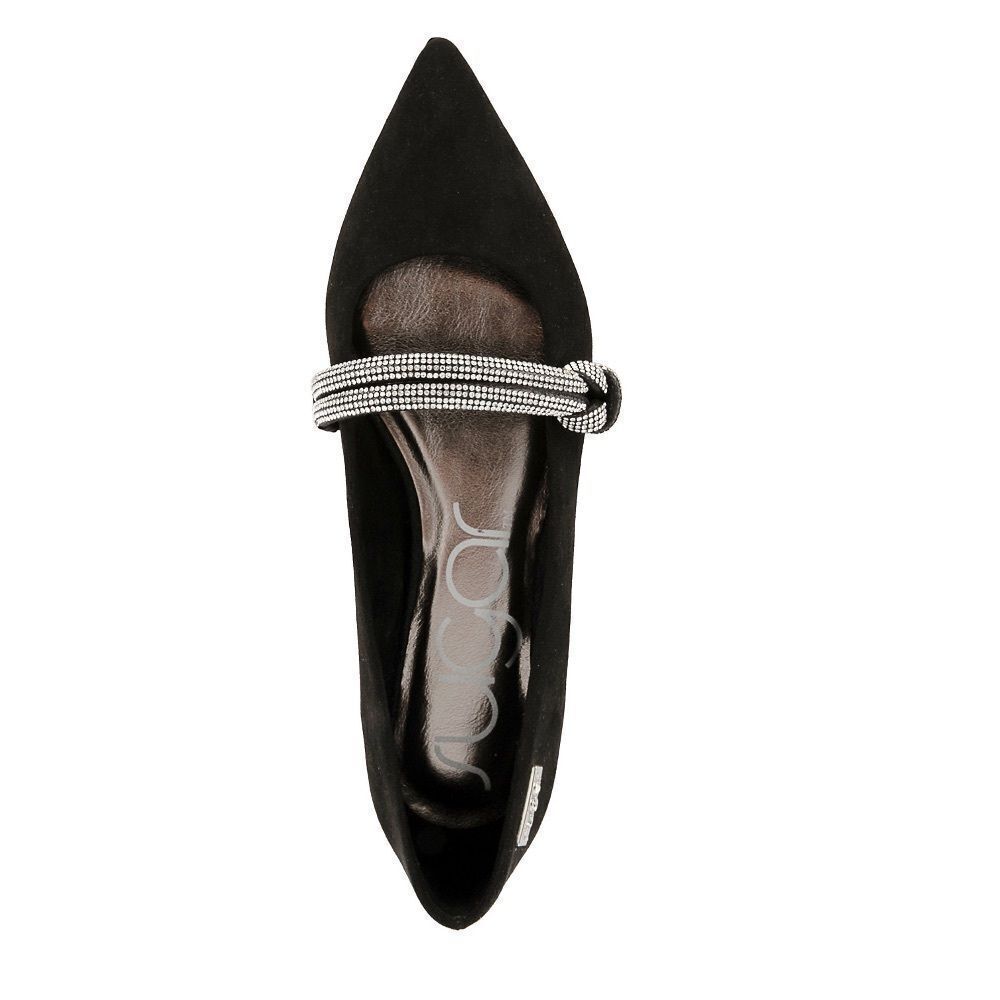 Sugar Black Pointed Toe Flats with Rhinestone Strap